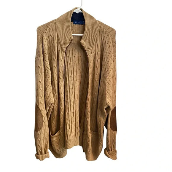 Paul Fredrick tan cable knit elbow patch Fall Winter grandpa cotton zip cardigan - Picture 6 of 7